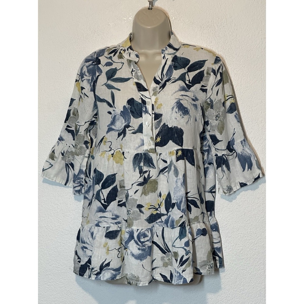 Valentina Naldi Babydoll Blue Floral Linen Top 3/4 Bell Sleeve Small Oversized